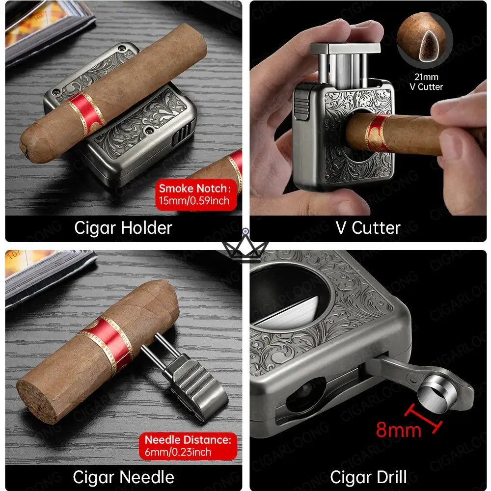 Zigarrenschneider Empire Edition 4-in-1 — V-Schnitt 21 mm, Halter, Stanzer & Bohrer, Edelstahl, 5 Ausführungen, Inklusive Geschenkbox – Ansicht 2