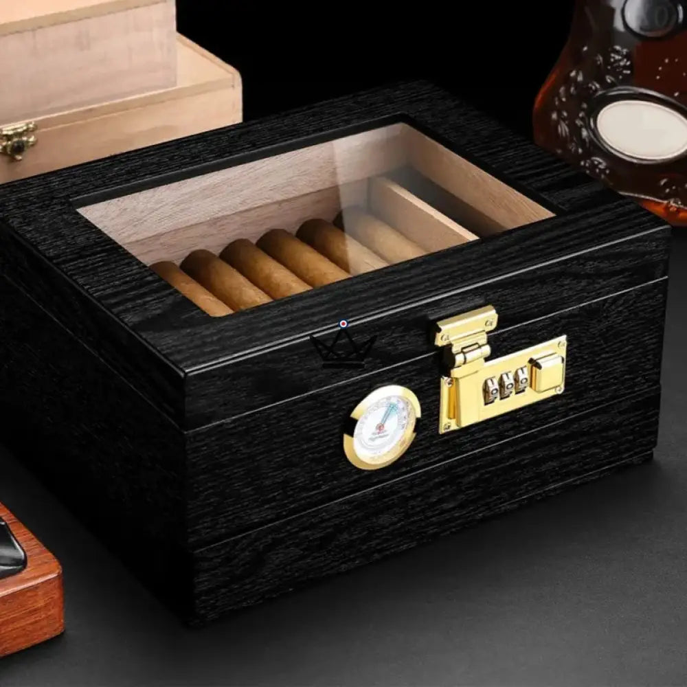 Enigma Moon Humidor — cedar, glass top, secure code, drawer, 30 cigars | Solo or Orion (ashtray, lighter, cutter) — view 4