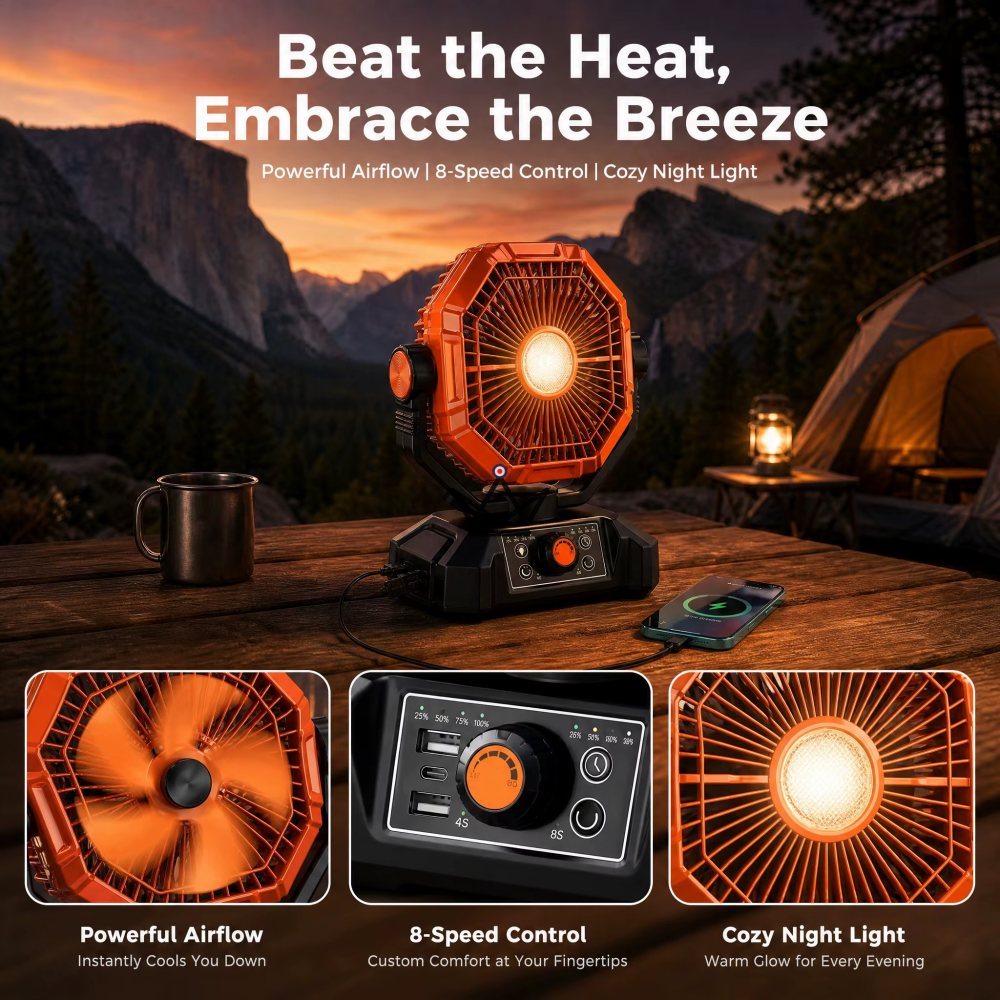 NOELY Tragbarer Akku-Ventilator — 20.000 mAh, LED & Powerbank – Ansicht 3