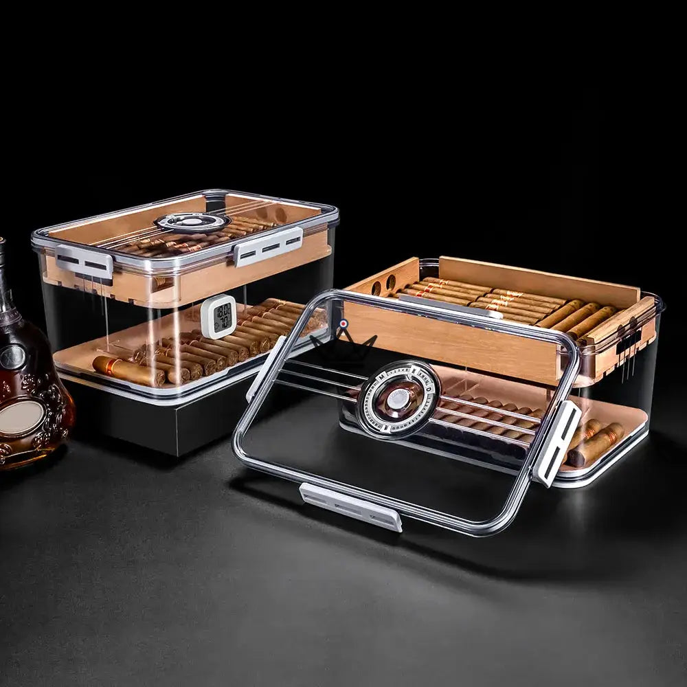 Humidor CRYSTAL TIME – Acryl transparent, Digital-Timer, 30 / 60 / 100 Zigarren, Zedernholz-Tablett (Version 100) – Ansicht 2