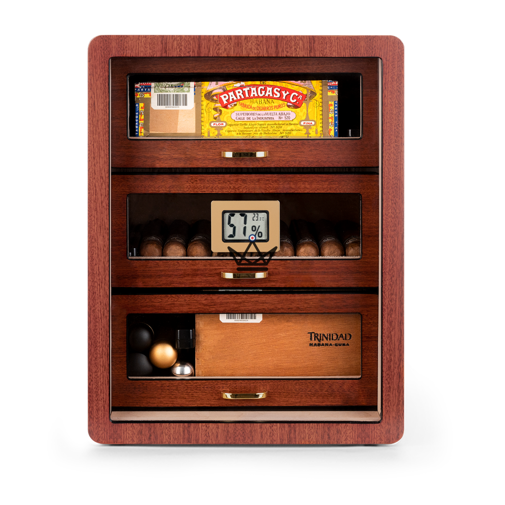 NOCTURIS Cigar Humidor — Piano Lacquer, Spanish Cedar, 3 Gold-Plated Glass Drawers, ~100 Cigars, Walnut or Chablis — view 2