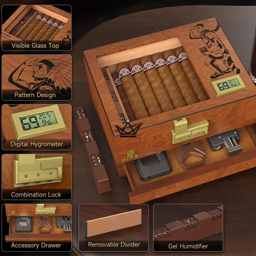 Vault Indio Cigar Humidor - Spanish Cedar, Combination Lock, Glass Lid, 20-30 Cigars, Digital Hygrometer & Gel Humidifier — view 6