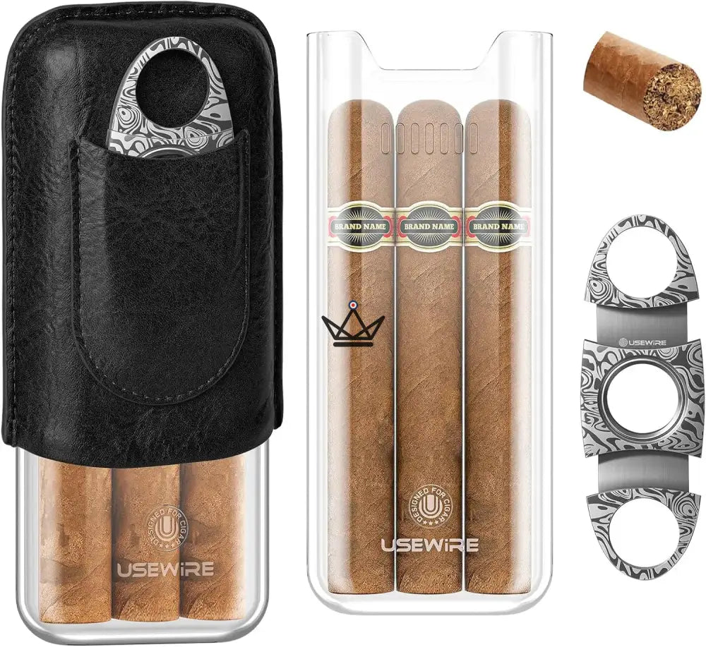 Vanguard Cigar Case — Genuine Leather & Transparent HD Acrylic, 3 Cigars, Double-Blade Cigar Cutter Included, Black or Brown — Black