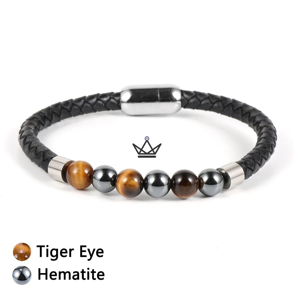 Leather Pearl Bracelet - Braided Leather & Natural Stones - 10 Stones — view 14
