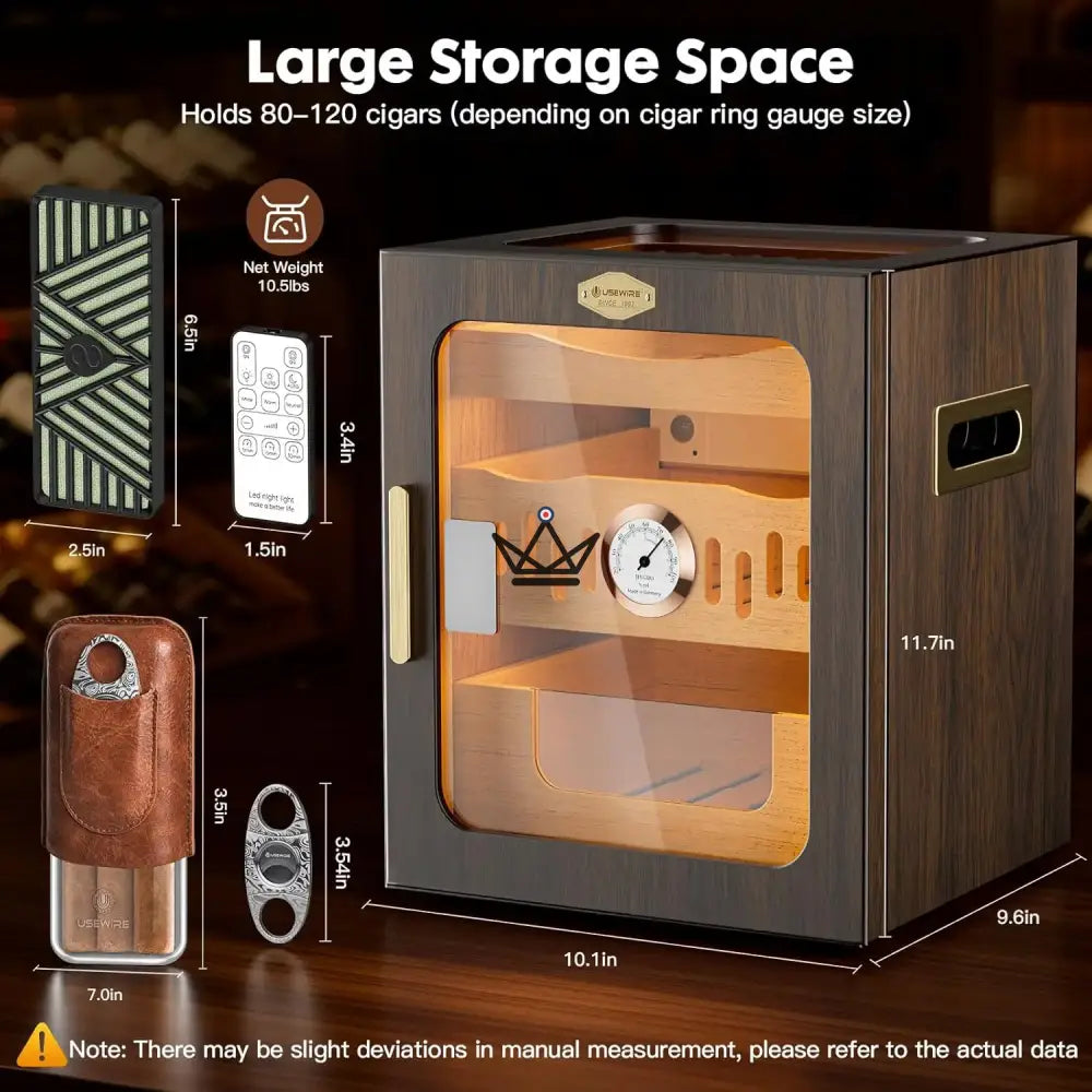 Crown Prestige Cigar Humidor - Varnished Spanish Cedar, Remote Control LED, Magnetic Glass Door, 3 Shelves, 120 Cigars, Case & Cutter Included — view 2