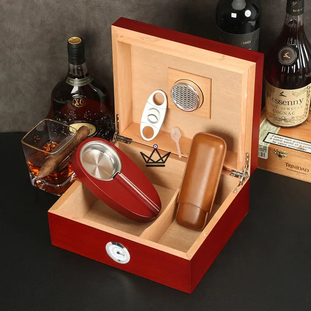FIFTY LUNARIS cigar humidor — cedar humidor for 50 cigars, 2-cigar cowhide leather case, ashtray, cigar cutter, hygrometer & humidifier — Red