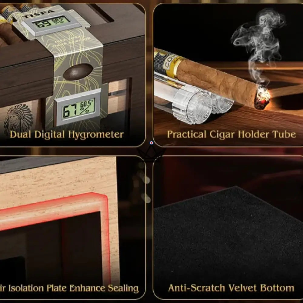Dominion Heritage Cigar Humidor — Spanish Cedar, Glass Top, 80 Cigars, 2 Digital Hygrometers, 2 Gel Humidifiers & 3 Travel Tubes — view 8