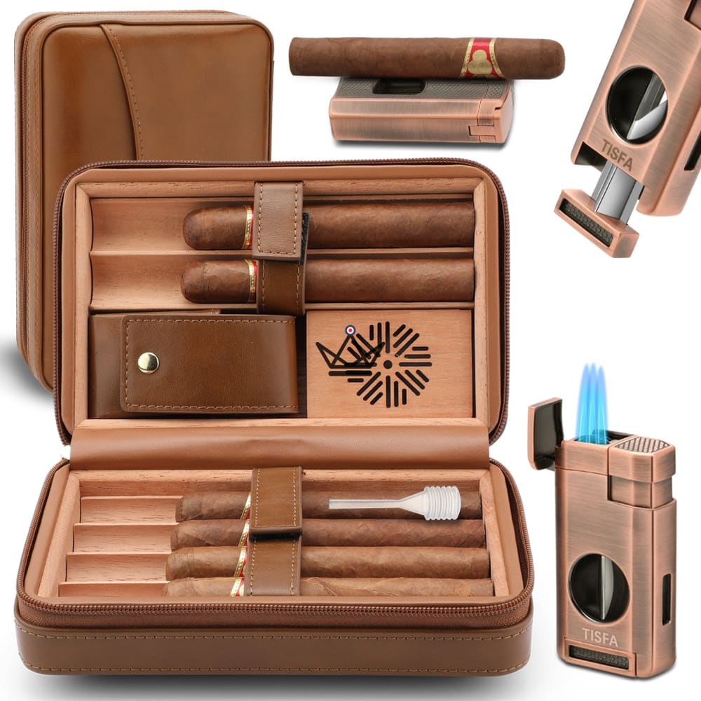 Leather Travel Humidor Pack + Lighter - TISFA STYLE — view 7
