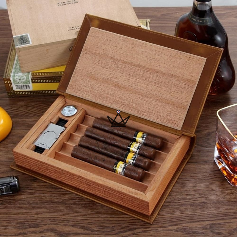 CUBA SECRET BOOK Cigar Humidor — Book-Shaped, 5 Cigars, Hygrometer & Humidifier — Brown