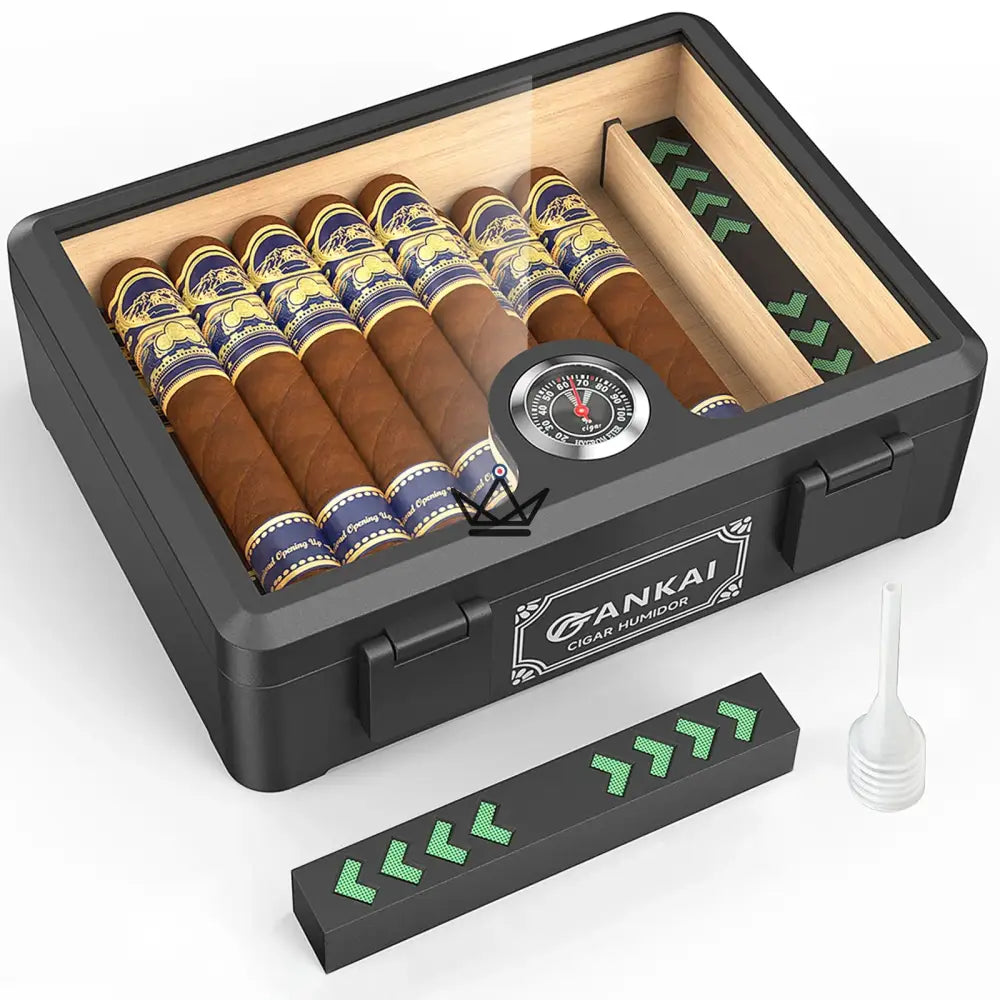 BlackGlass Cedar Humidor — Matte Black ABS, Spanish Cedar, Tempered Glass, 20-25 Cigars, Mechanical Hygrometer & Oasis Humidifier — view 5