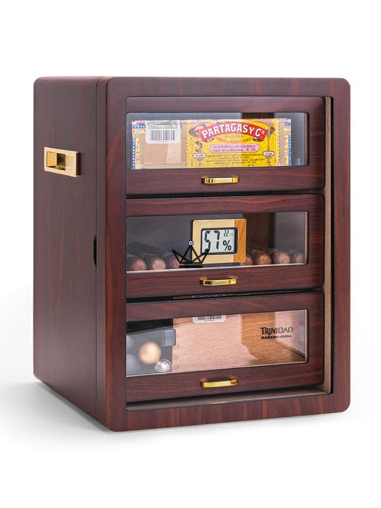 NOCTURIS Cigar Humidor — Piano Lacquer, Spanish Cedar, 3 Gold-Plated Glass Drawers, ~100 Cigars, Walnut or Chablis — Walnut