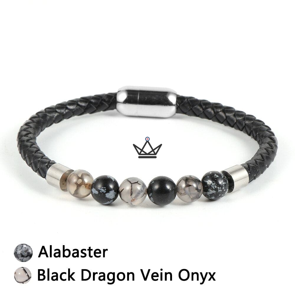 Leather Pearl Bracelet - Braided Leather & Natural Stones - 10 Stones — Alabaster / 18cm