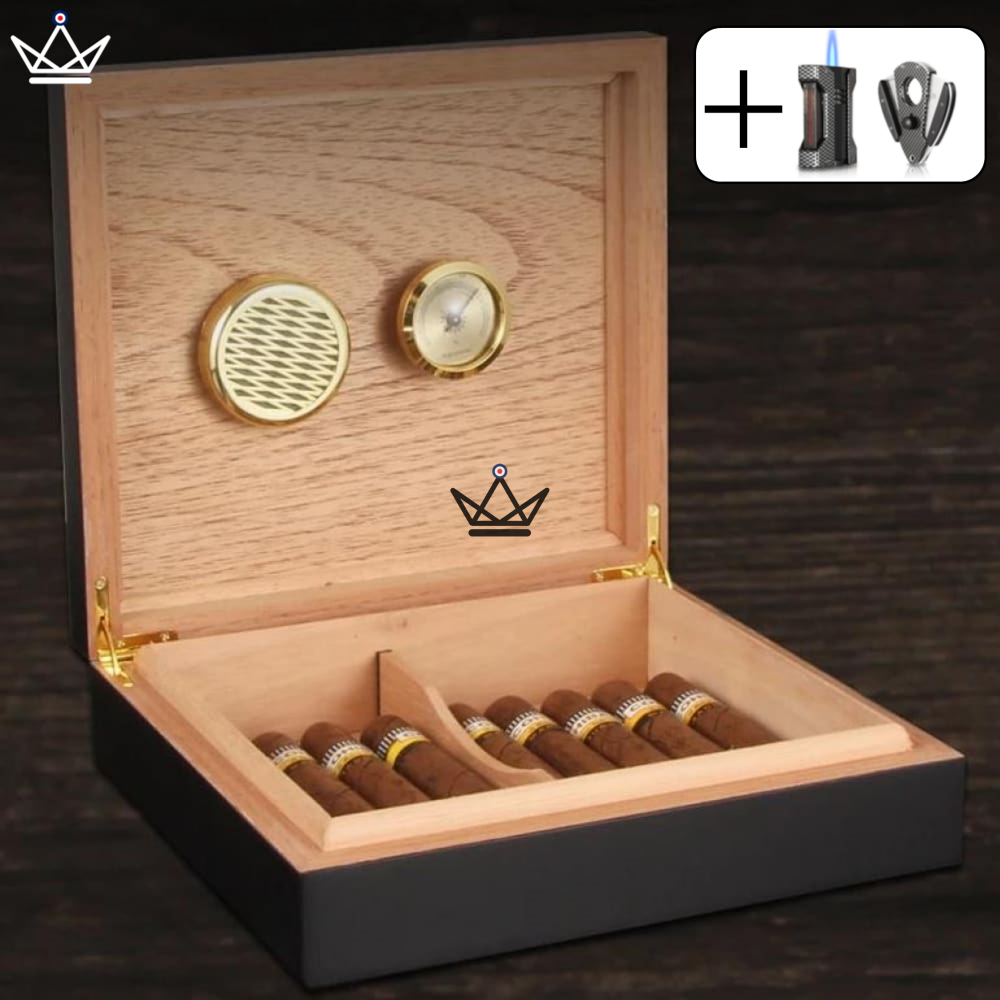 BLACK WOOD Cigar Humidor — Spanish Cedar, 20 Cigars, Hygrometer & Humidifier — Carbon Nyfe