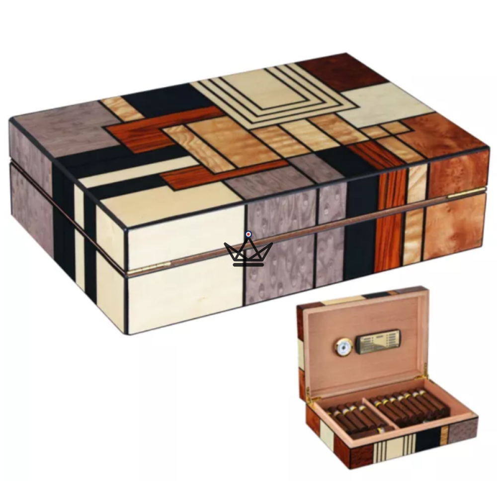 Humidor de cigarros MONDRIAN — Cedro español, motivos Art Déco, 50 cigarros
