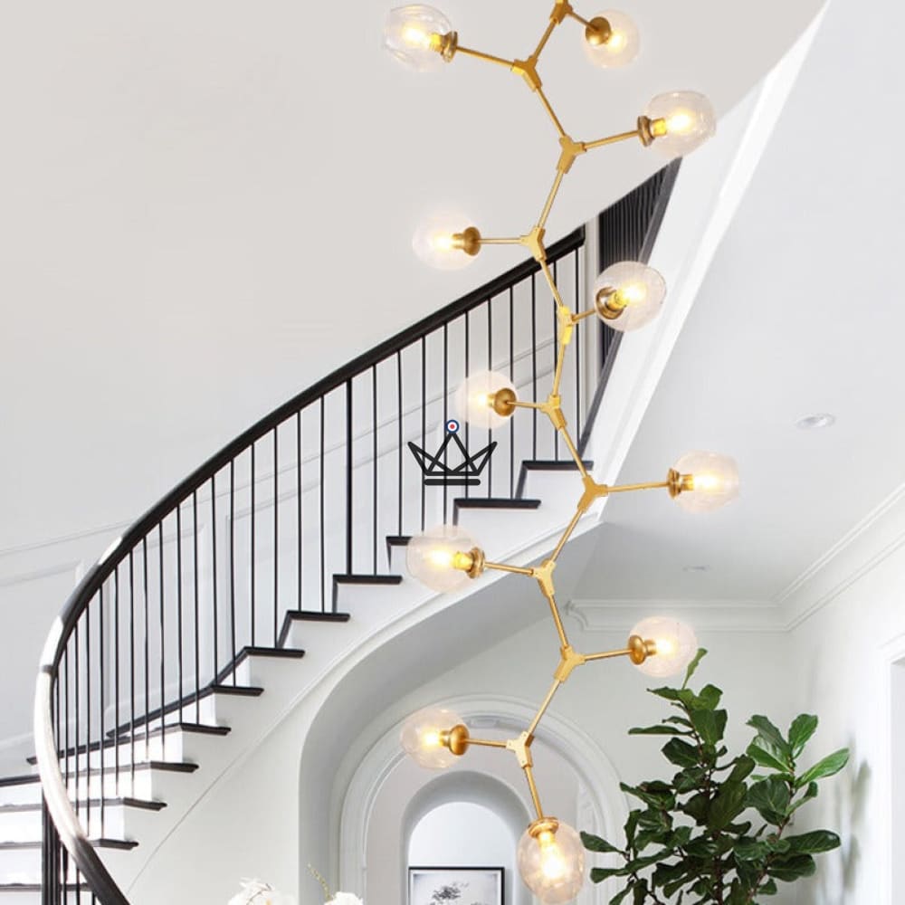 Articulated industrial vertical ceiling chandelier - Branching Bubble Vertigo — Gold / 3 Bubbles / Transparent