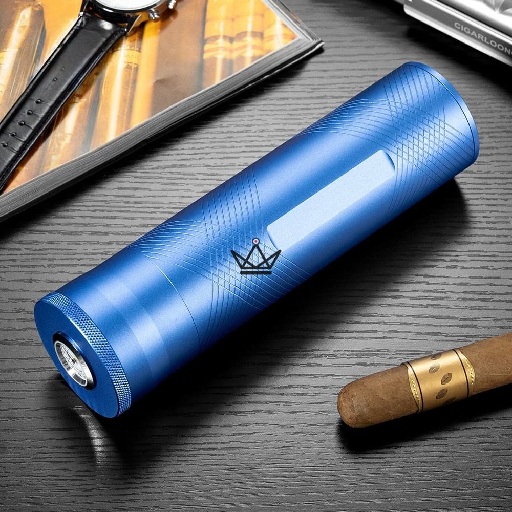 Sentinel Quattro Cigar Tube — machined aluminum, 4 cigars, integrated hygrometer & humidifier, side window, 6 finishes — Azur Striata