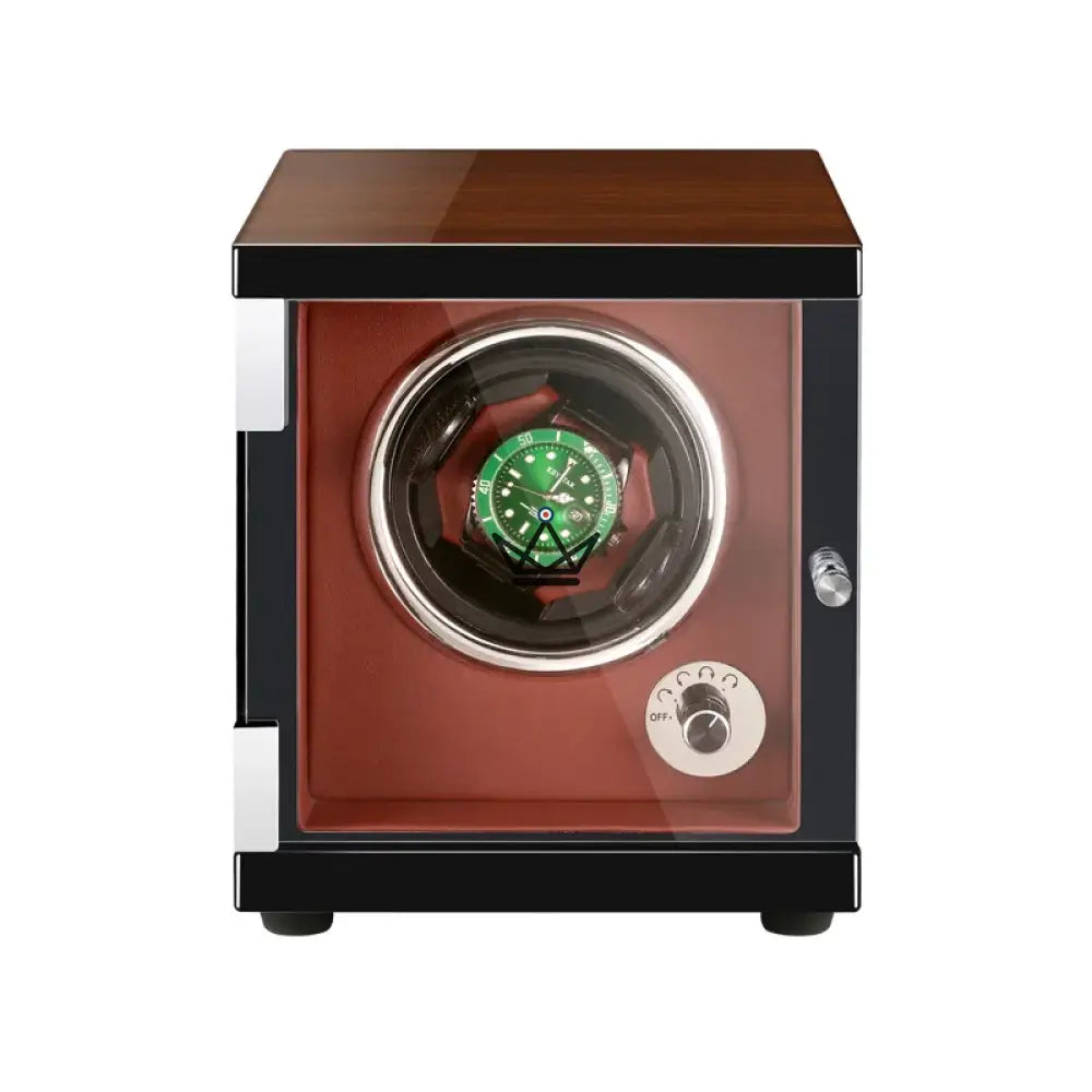 Caja enrolladora automática para relojes ÉLÉGANCE Terracota — Madera oscura, cuero burdeos, 1 o 2 relojes, 5 modos