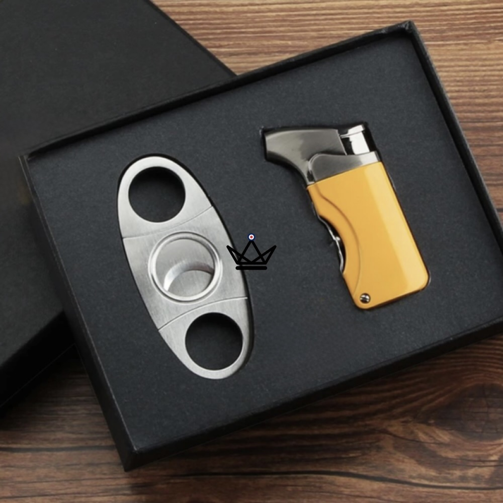 VARGAS Lighter & Cigar Cutter Pack — Integrated Punch + 22 mm Cut | Silver or Yellow — Yellow
