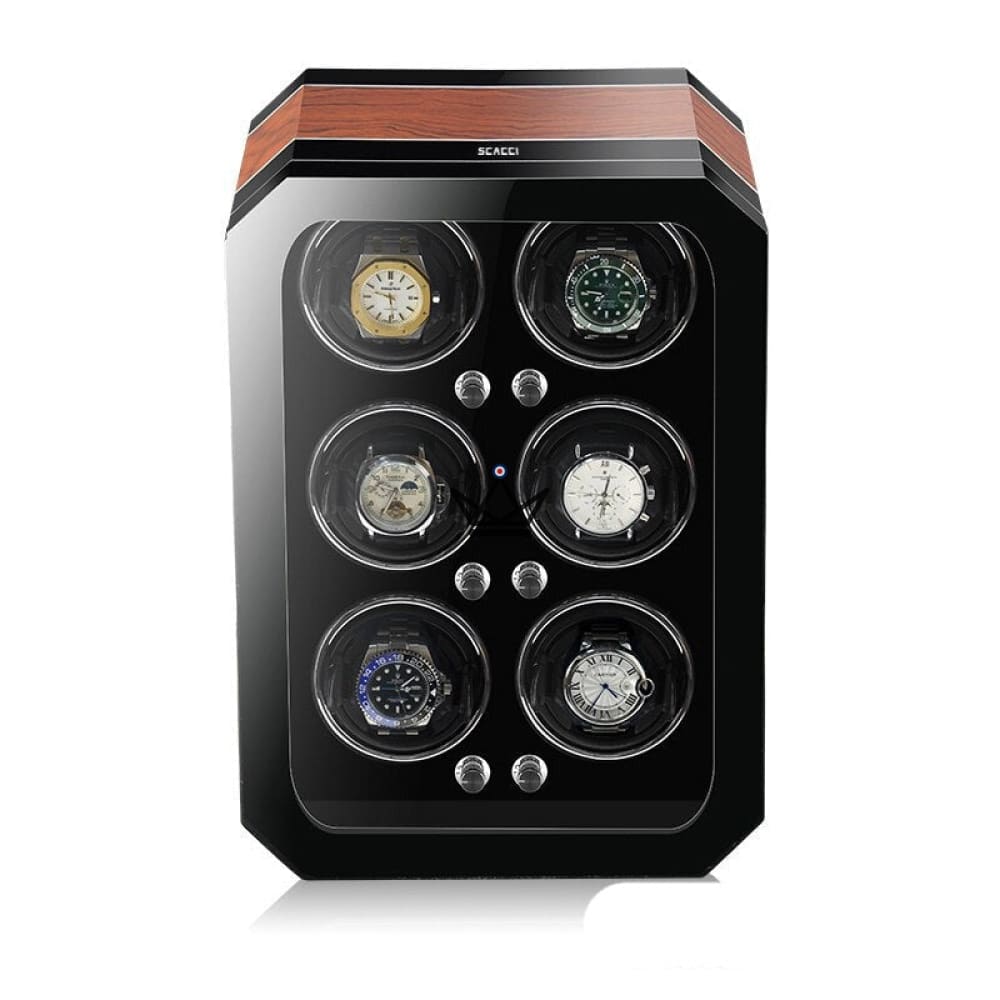 Automatic Watch Winder HEXAGONE LUXE — Precious Wood, Leather, 2 to 6 Watches, 5 Modes — Brown / 6 Slots