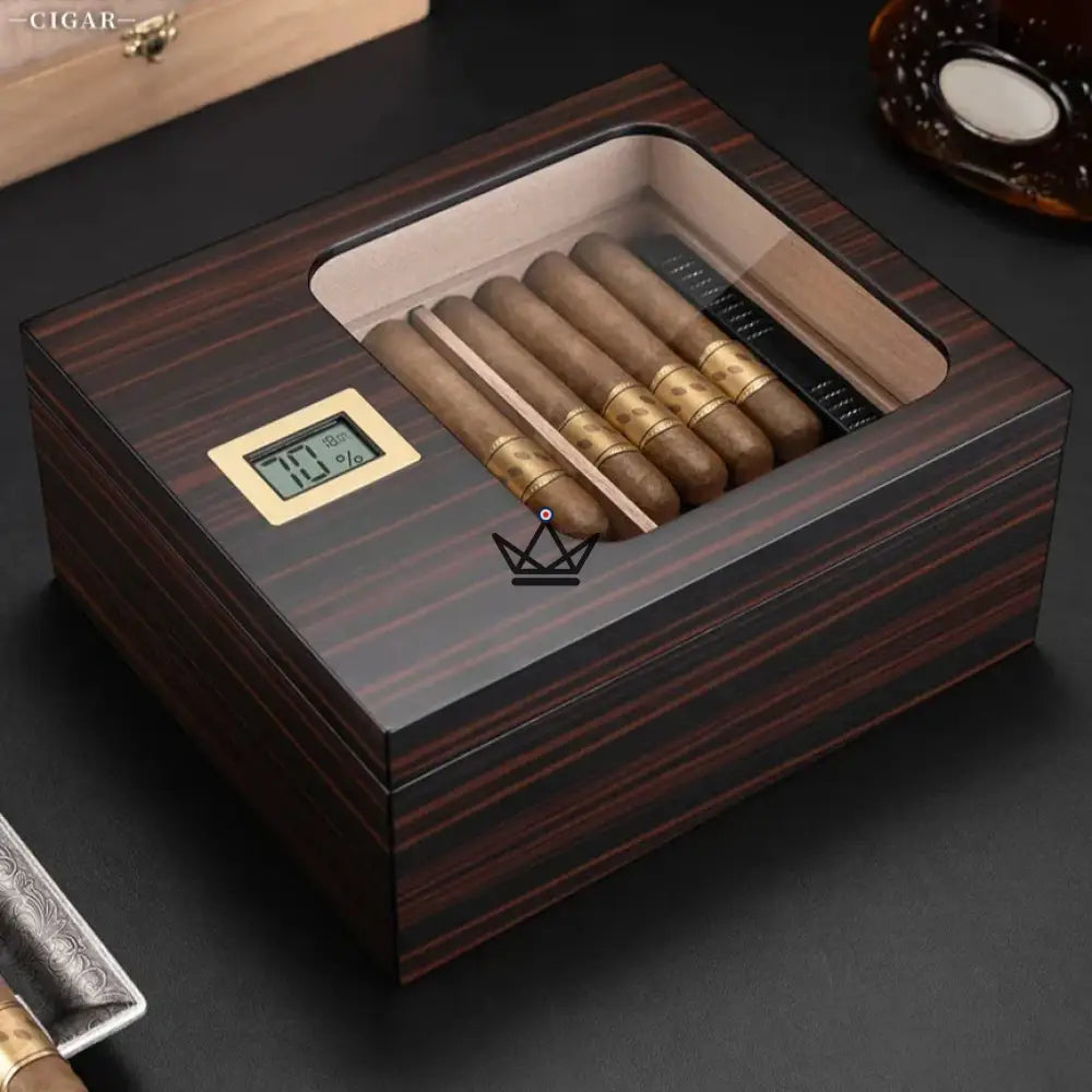Elegancia Vision Humidor — Spanish Cedar, Glass Top, 55 Cigars, Digital Hygrometer, 4 Finishes — Imperial Ebony