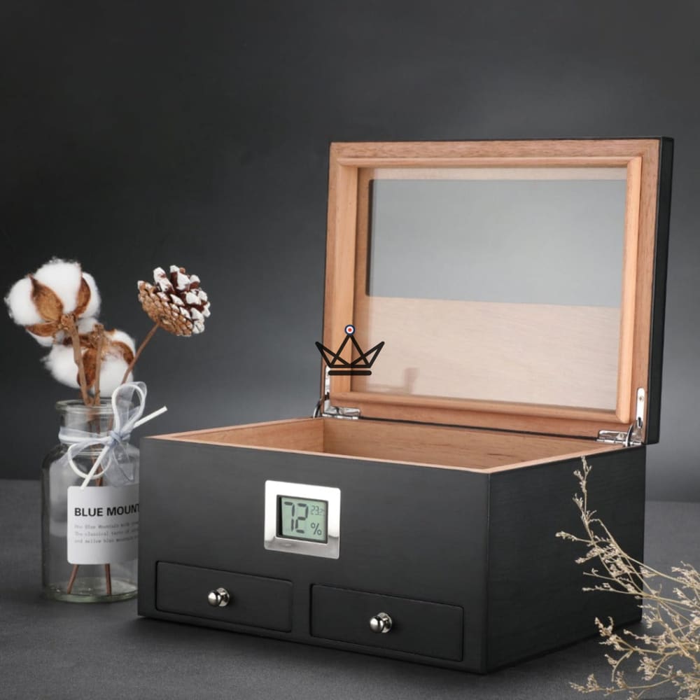 Humidor de cigarros DUNE: cedro español macizo, tapa de cristal, 2 cajones frontales, higrómetro digital, 50 cigarros