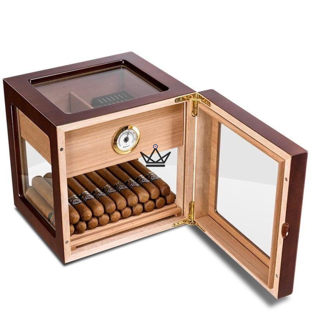 CRYSTAL CUBE Cigar Humidor — 5 glass sides, Spanish cedar, +100 cigars, 30-cigar drawer, front hygrometer — view 2