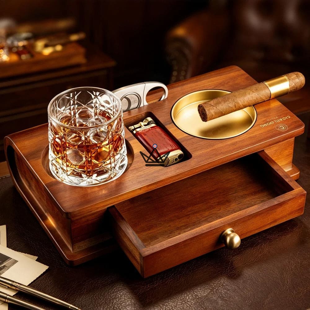 Cendrier Cigare Bois Massif Emplacement Whisky Tiroir - Whisky Butler – Ansicht 4