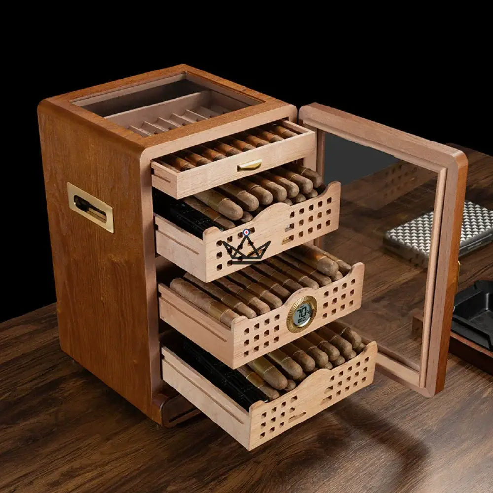 Zigarrenhumidor Vesuvius Sky — Zeder, Glasdach, 9 Fächer, 3 Schubladen, Zubehörschublade, Digitalhygrometer & 2 Befeuchter, bis zu 150 Zigarren – Ansicht 4
