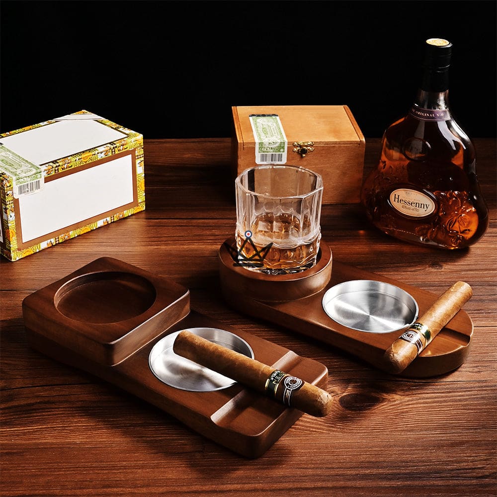 Cenicero de madera para whisky: madera y aluminio, soporte para vasos de whisky y compartimento para cigarros
