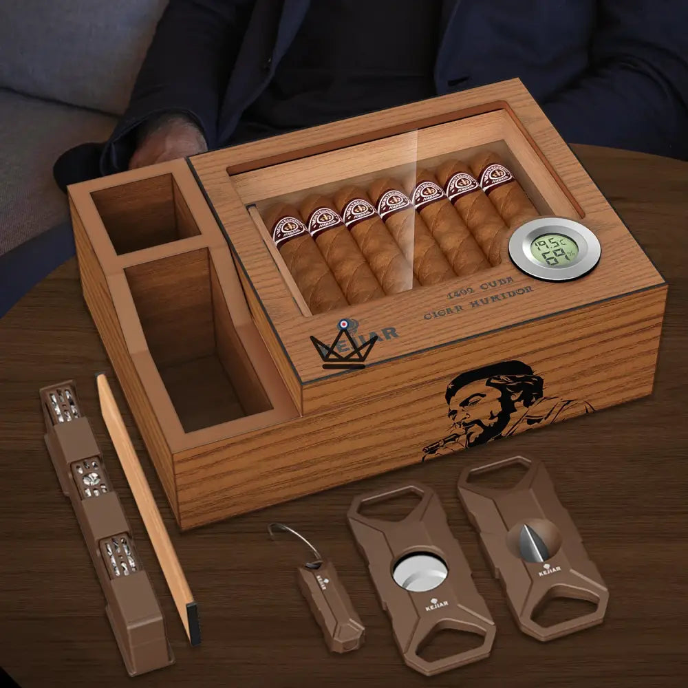 Humidor de cigarros Libertador: cedro macizo, tapa de vidrio, 30 cigarros, higrómetro digital, humidificador de gel, cortador plano, cortador en V y perforador incluidos Humidor de cigarros Libertador: cedro macizo, tapa de vidrio, 30 cigarros, higrómetro digital, humidificador de gel, cortador plano, cortador en V y perforador incluidos