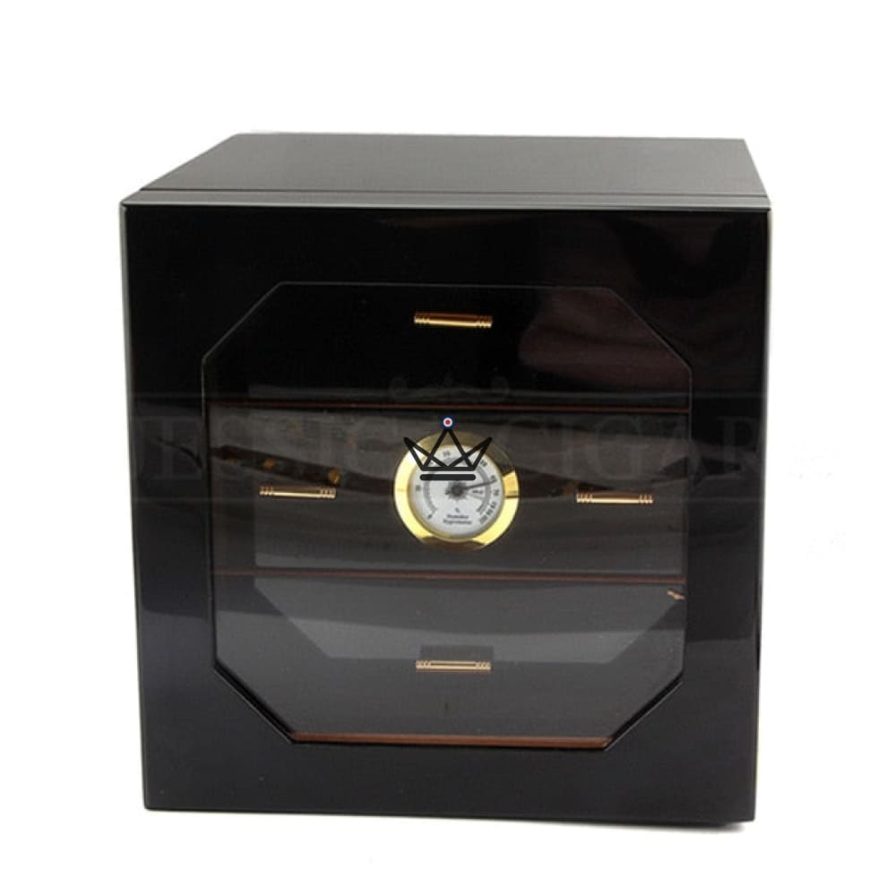 Humidor de cigarros J.Hoover: lacado negro, puerta de cristal, cedro español, 3 cajones, higrómetro, 80 cigarros Humidor de cigarros J.Hoover: lacado negro, puerta de cristal, cedro español, 3 cajones, higrómetro, 80 cigarros
