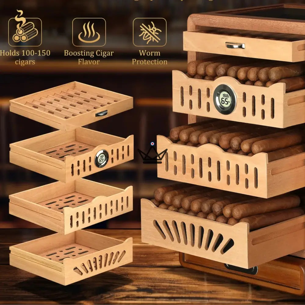 Zigarrenhumidor Vesuvius Sky — Zeder, Glasdach, 9 Fächer, 3 Schubladen, Zubehörschublade, Digitalhygrometer & 2 Befeuchter, bis zu 150 Zigarren – Ansicht 12
