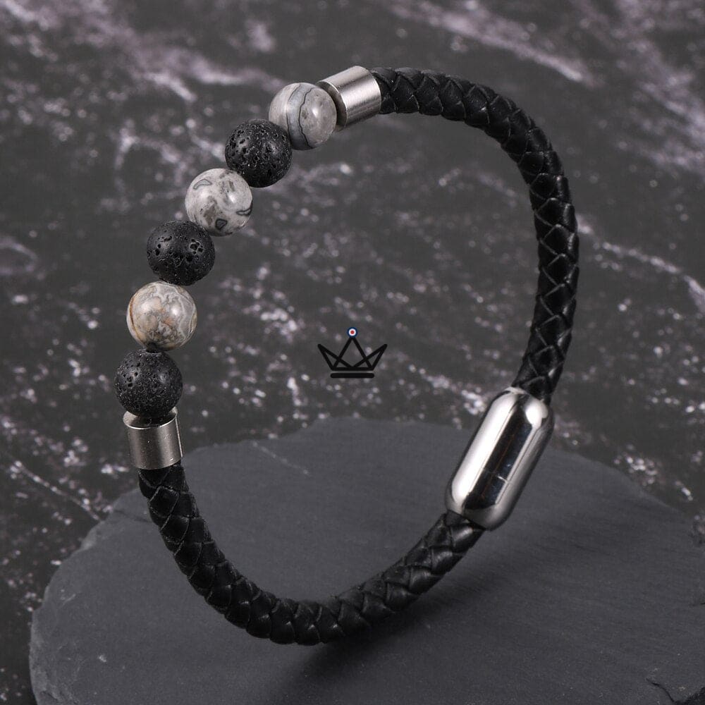 Lederperlenarmband – Geflochtenes Leder & Natursteine – 10 Steine – Ansicht 4
