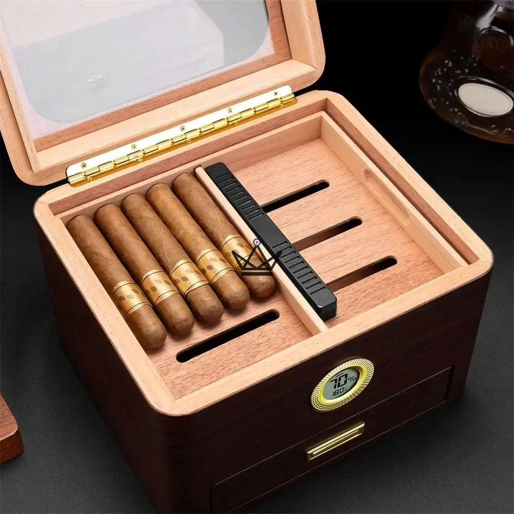 Zigarrenhumidore Équinoxe – spanische Zeder, goldener Glasdeckel, 65 Zigarren, digitales Hygrometer, luftdichte Versiegelung – Ansicht 6