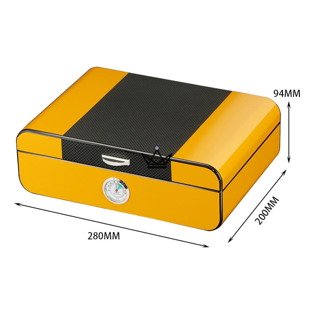 Sanctuarium Carbon Cigar Humidor — Carbon fiber & yellow, Spanish cedar, front hygrometer, magnetic humidifier, ~40 cigars — view 3