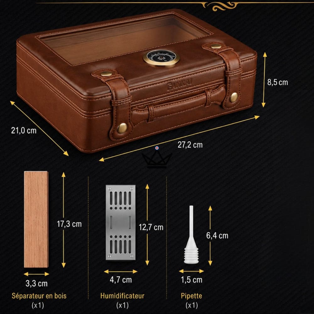 Prestige Traveler Humidor – vergoldetes Messing, spanische Zeder, 50 Zigarren, Sichtfenster, Hygrometer & Kristallbefeuchter – Ansicht 8