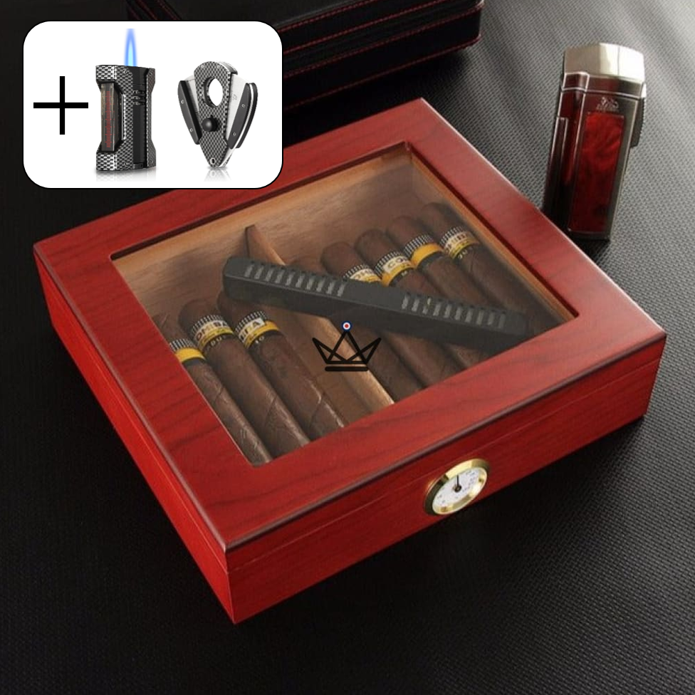 JANGO Cigar Humidor — Glass-top 20 cigars, Spanish cedar & humidifier — Brown / Nyfe Carbon