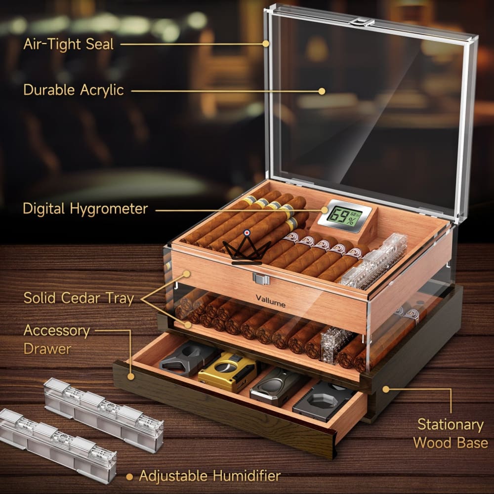 Aerion Vault Cigar Humidor — clear acrylic, cedar, accessory drawer, 2 sizes — view 3