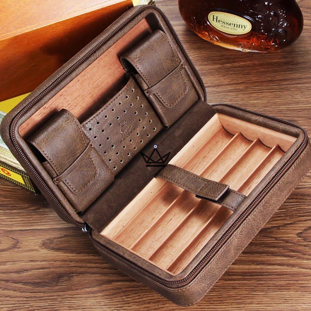 SOCRATE STYLE travel humidor — leather & cedar, 5 cigars, 3 compartments — Brown / Solo