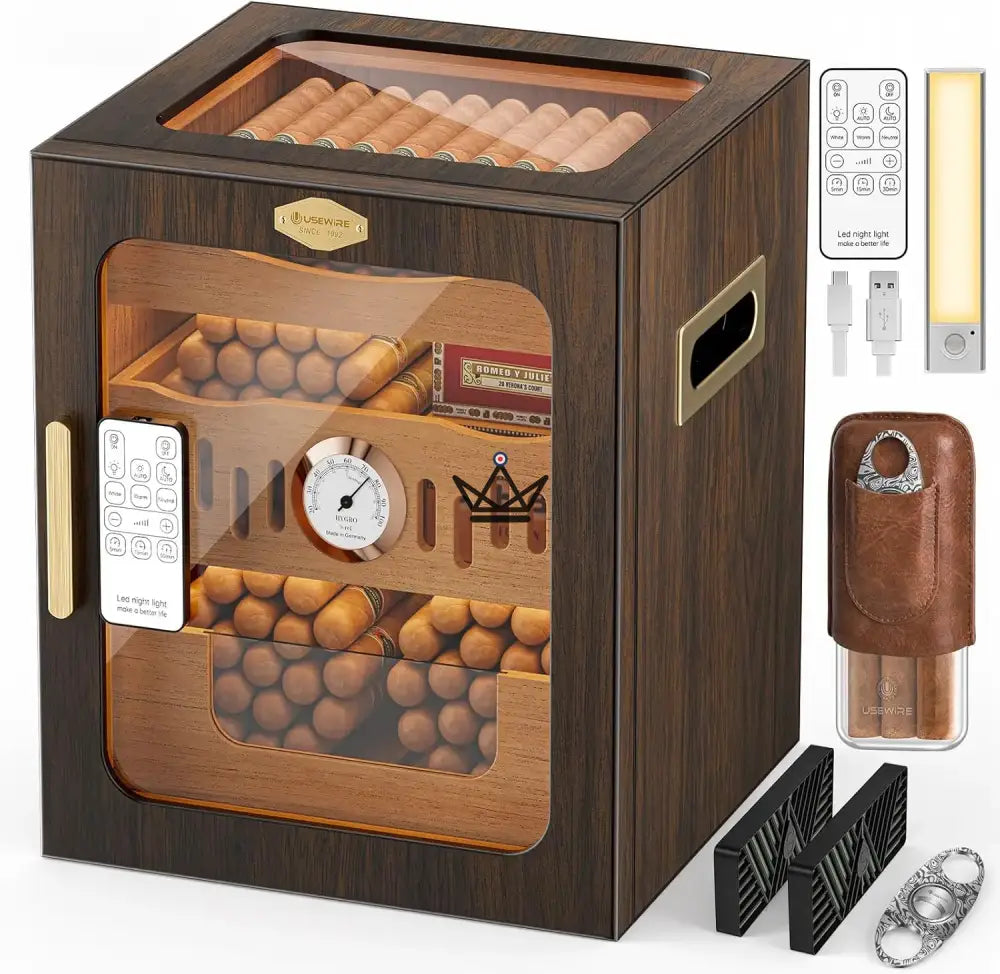 Crown Prestige Cigar Humidor - Varnished Spanish Cedar, Remote Control LED, Magnetic Glass Door, 3 Shelves, 120 Cigars, Case & Cutter Included — view 1