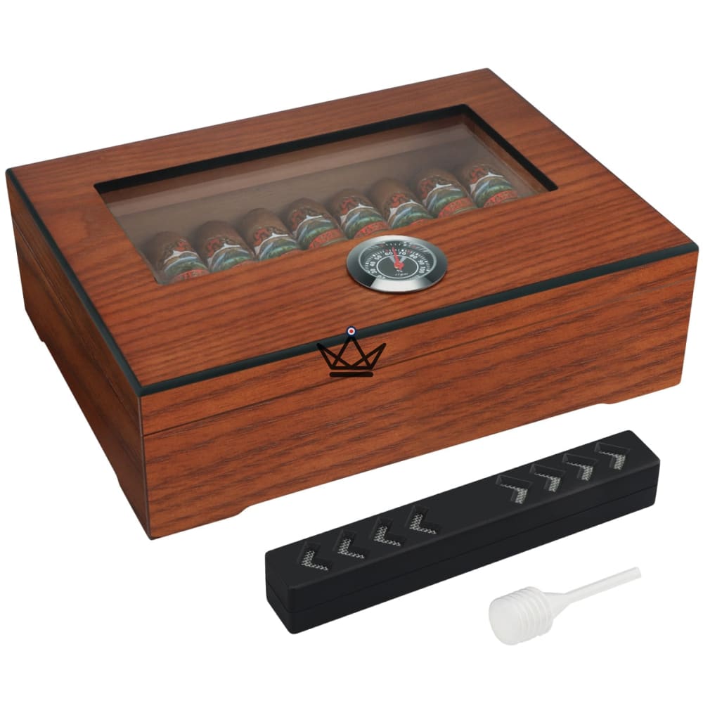 Humidor de cigarros Vista Salvage: cedro español, tapa de vidrio, 25 cigarros, nogal oscuro o roble dorado Humidor de cigarros Vista Salvage: cedro español, tapa de vidrio, 25 cigarros, nogal oscuro o roble dorado