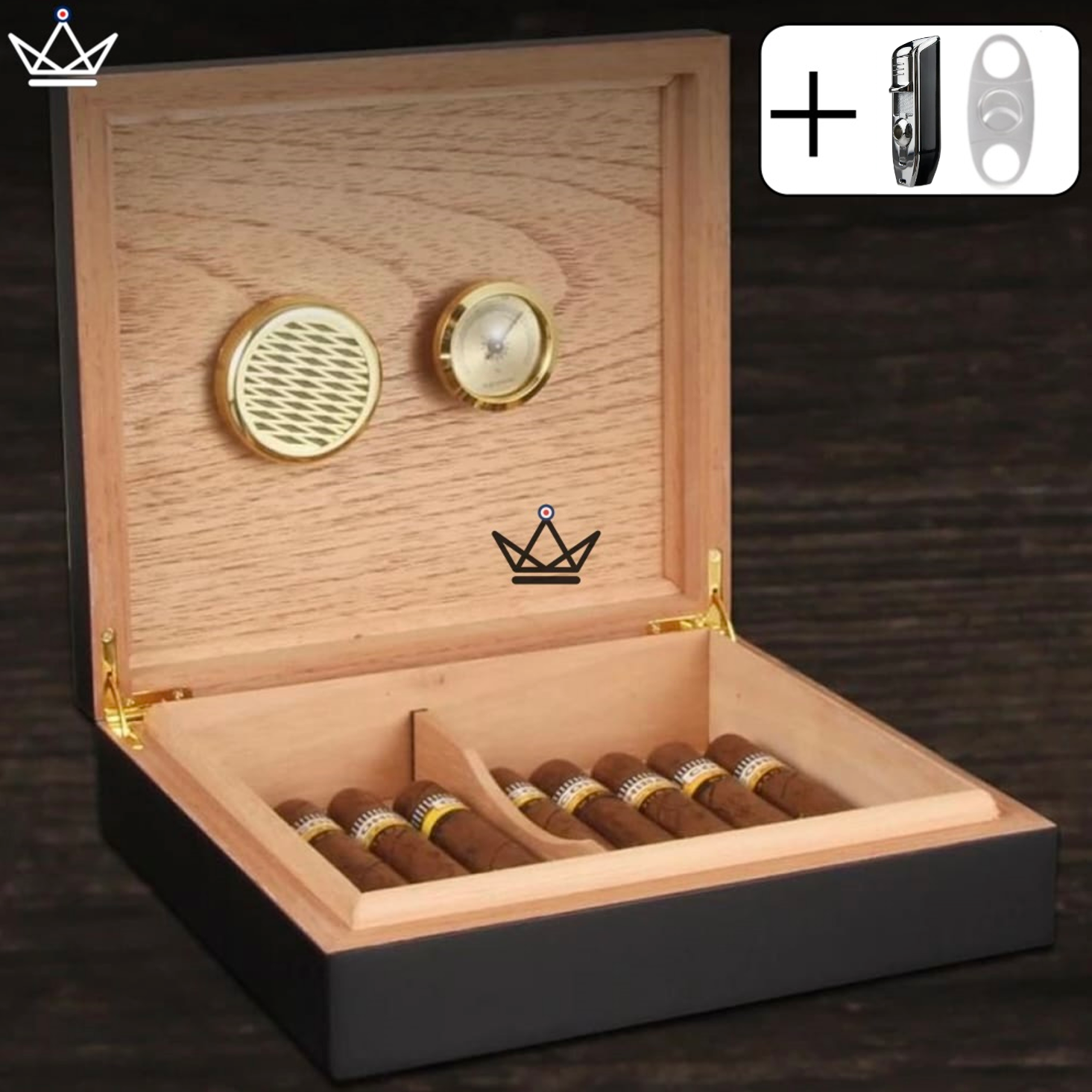 BLACK WOOD Cigar Humidor — Spanish Cedar, 20 Cigars, Hygrometer & Humidifier — Black Houdini