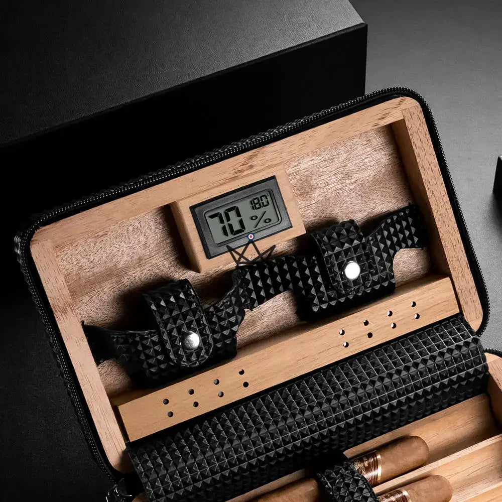 Reisehumidor SIGNATURE STYLE – schwarzes Silikonleder, spanische Zeder, 5 Zigarren, Digitalhygrometer, Solo- oder Vargas-Packung – Ansicht 9