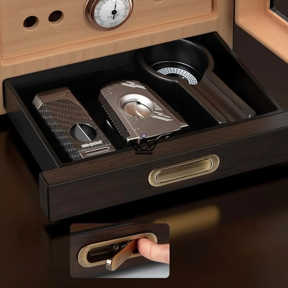 Prestige Cedar Lux Zigarrenschrank – Zeder, Touch-LED, 100–150 Zigarren, Glasfach, 2 Befeuchter, Hygrometer an der Vorderseite, Nussbaum oder Carbon – Ansicht 12