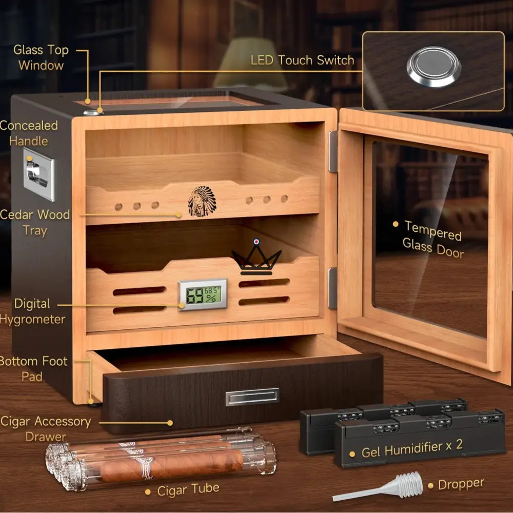 Zigarrenhumidor Dominion Legacy – spanische Zeder, Glasfront, 3-farbige Touch-LED, 100 Zigarren, Digitalhygrometer & 2 Gel-Befeuchter – Ansicht 4