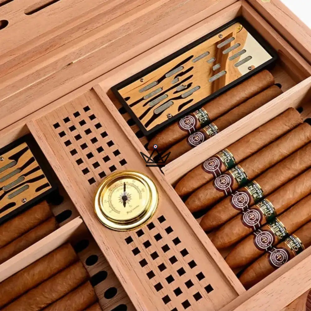 Domus Aurum Cigar Humidor — cedar, 150 cigars, mansion design, hygrometer, Classica (gilded wood) or Nox (deep red) — view 9