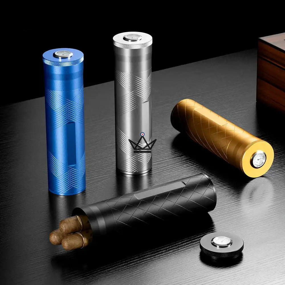 Sentinel Quattro Cigar Tube — machined aluminum, 4 cigars, integrated hygrometer & humidifier, side window, 6 finishes — view 1
