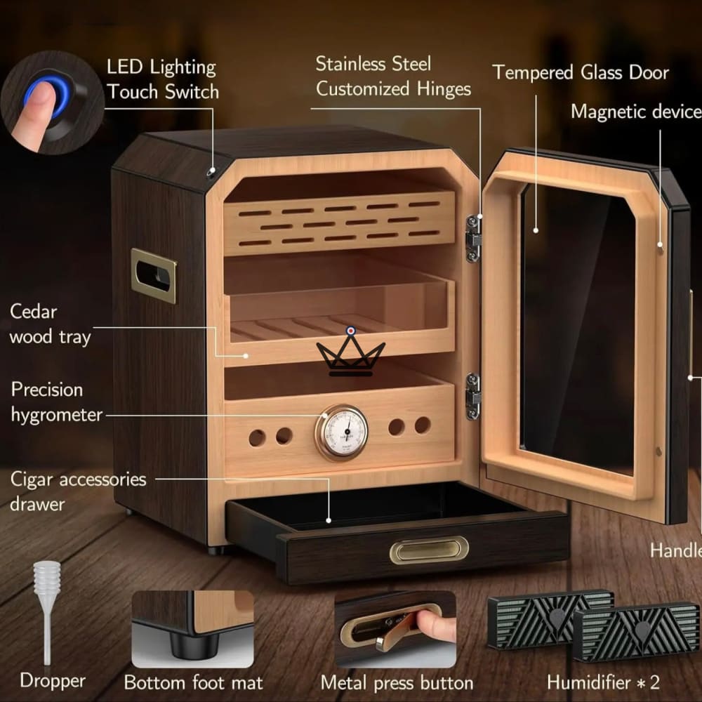 Prestige Cedar Lux Cigar Humidor - Cedar, Touch LED, 100-150 Cigars, Glass Drawer, 2 Humidifiers, Front Hygrometer, Walnut or Carbon — view 11