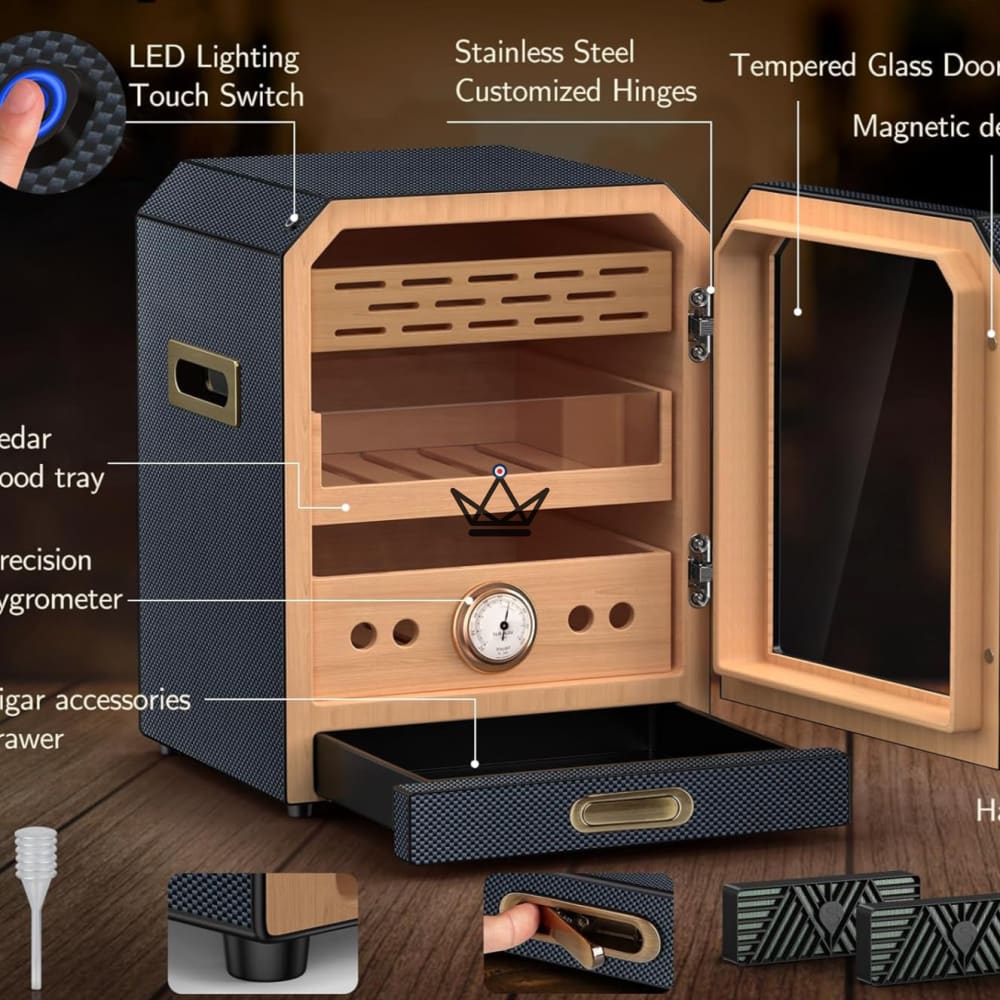 Prestige Cedar Lux Zigarrenschrank – Zeder, Touch-LED, 100–150 Zigarren, Glasfach, 2 Befeuchter, Hygrometer an der Vorderseite, Nussbaum oder Carbon – Ansicht 10