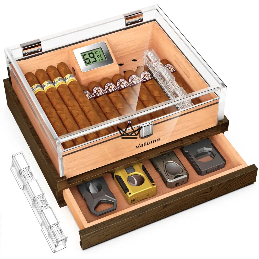 Humidor Aerion Vault – Acryl transparent, Zedernholz, Zubehörschublade, 2 Formate – Ansicht 6